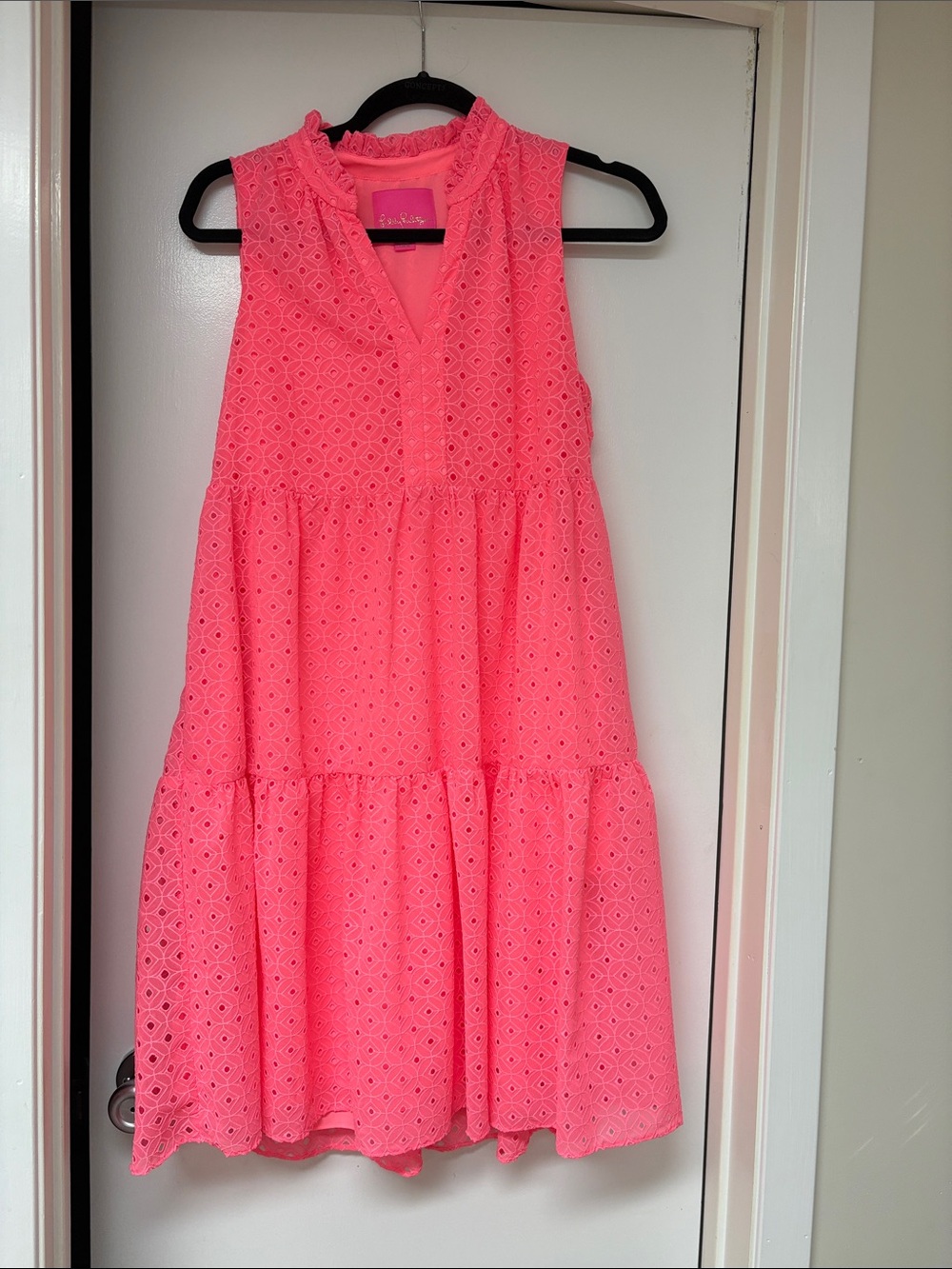 Lilly Pulitzer Girls' Sleeveless Eyelet Tiered Dress in Bright Pink